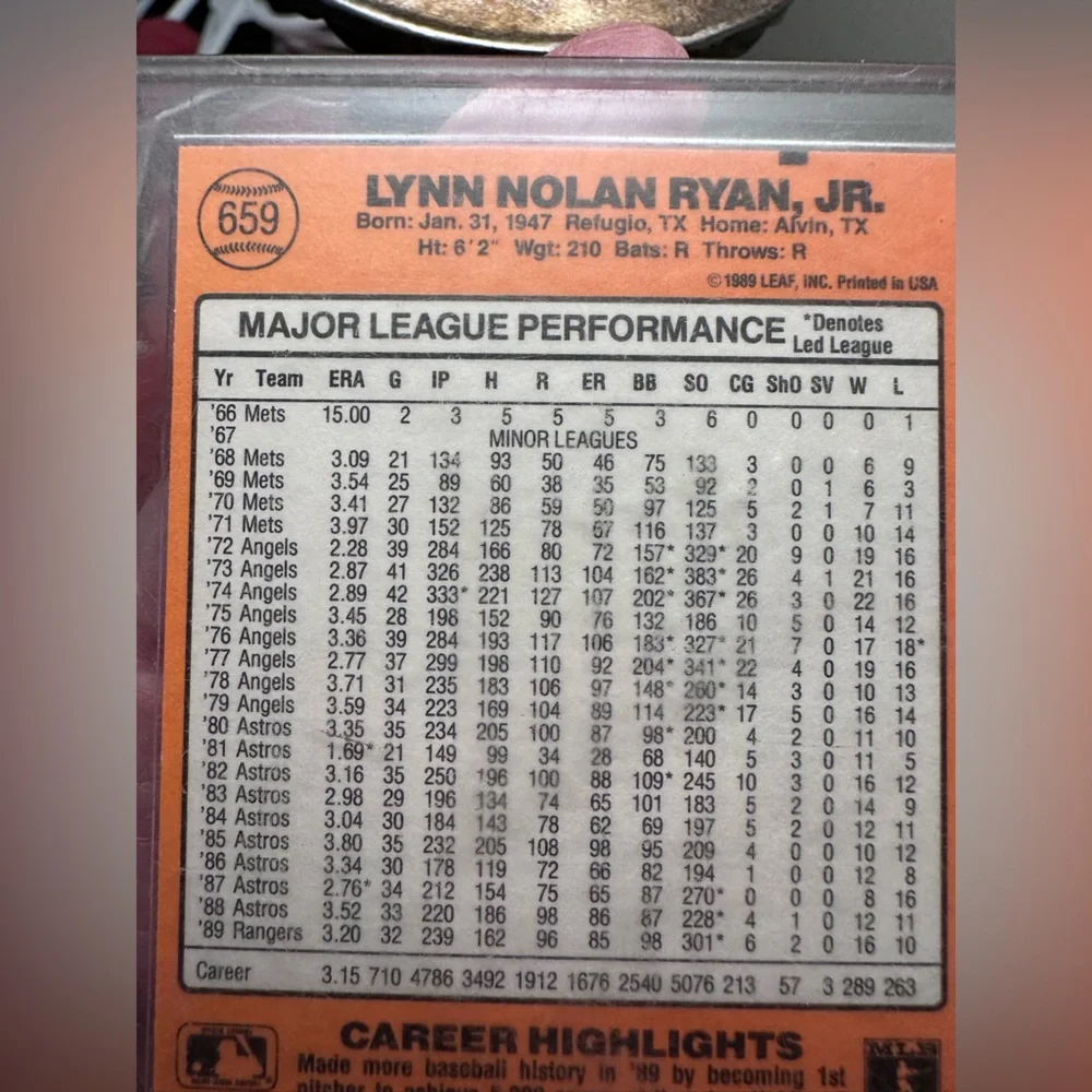 1989 Donruss Nolan Ryan Baseball Card marked by last owner “error”